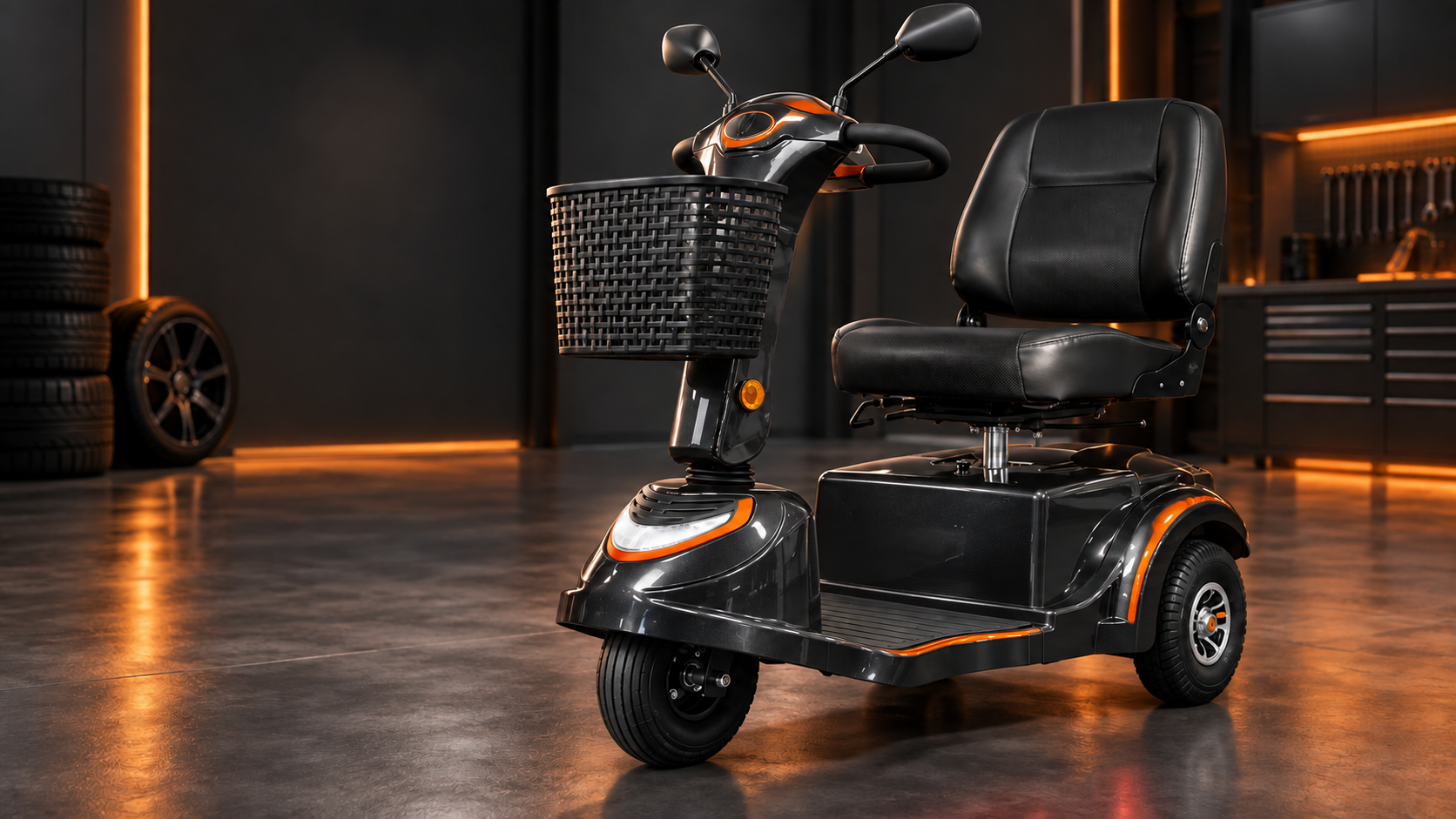 Mørk el-scooter med sæde, kurv og orange detaljer